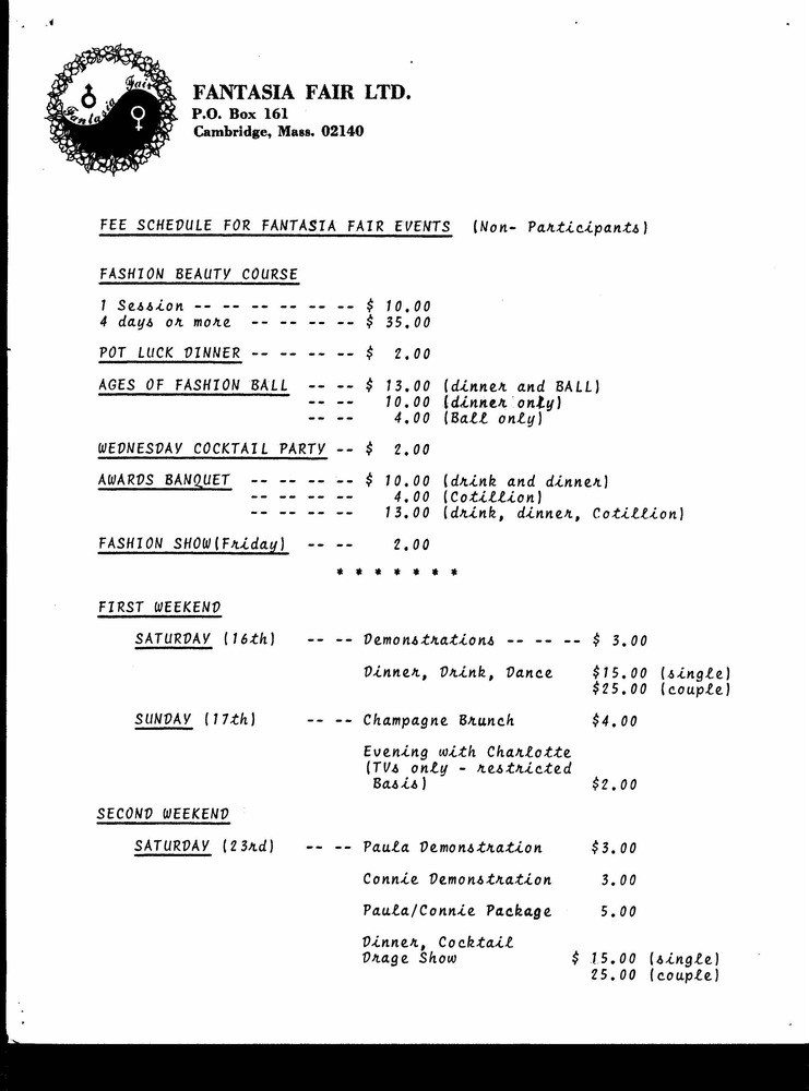 Download the full-sized PDF of Fee Schedule for Fantasia Fair Events