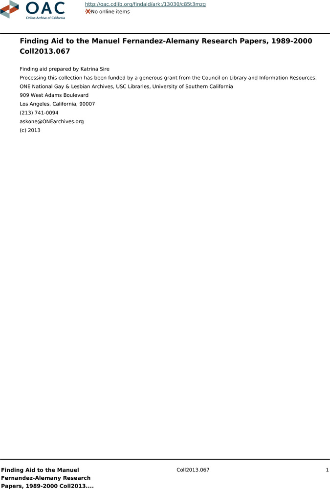 Download the full-sized PDF of Finding Aid to the Manuel Fernandez-Alemany Research Papers, 1989-2000