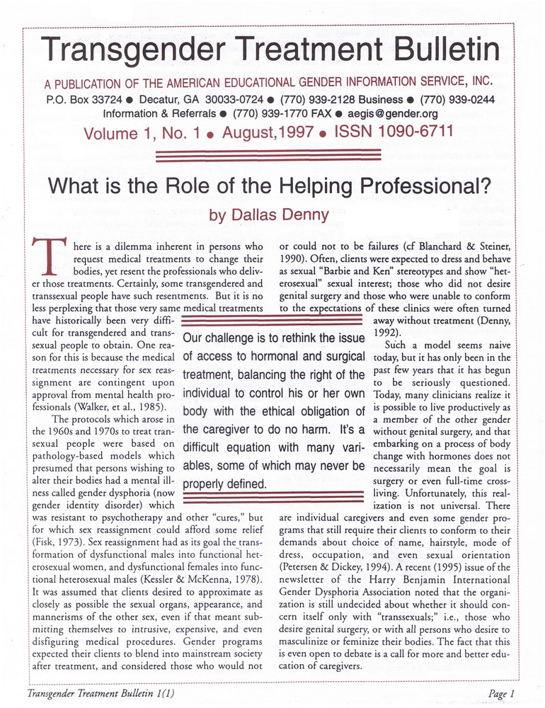 Download the full-sized PDF of Transgender Treatment Bulletin Vol. 1, No. 1 (August 1997)