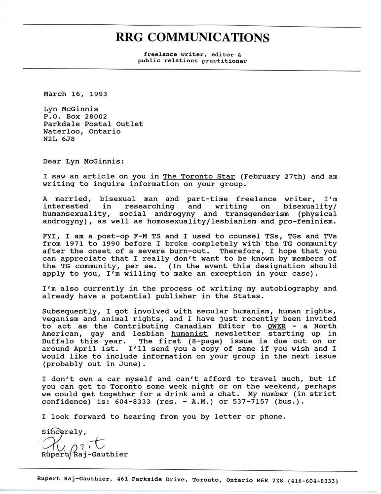 Download the full-sized PDF of Letter from Rupert Raj to Lyn McGinnis