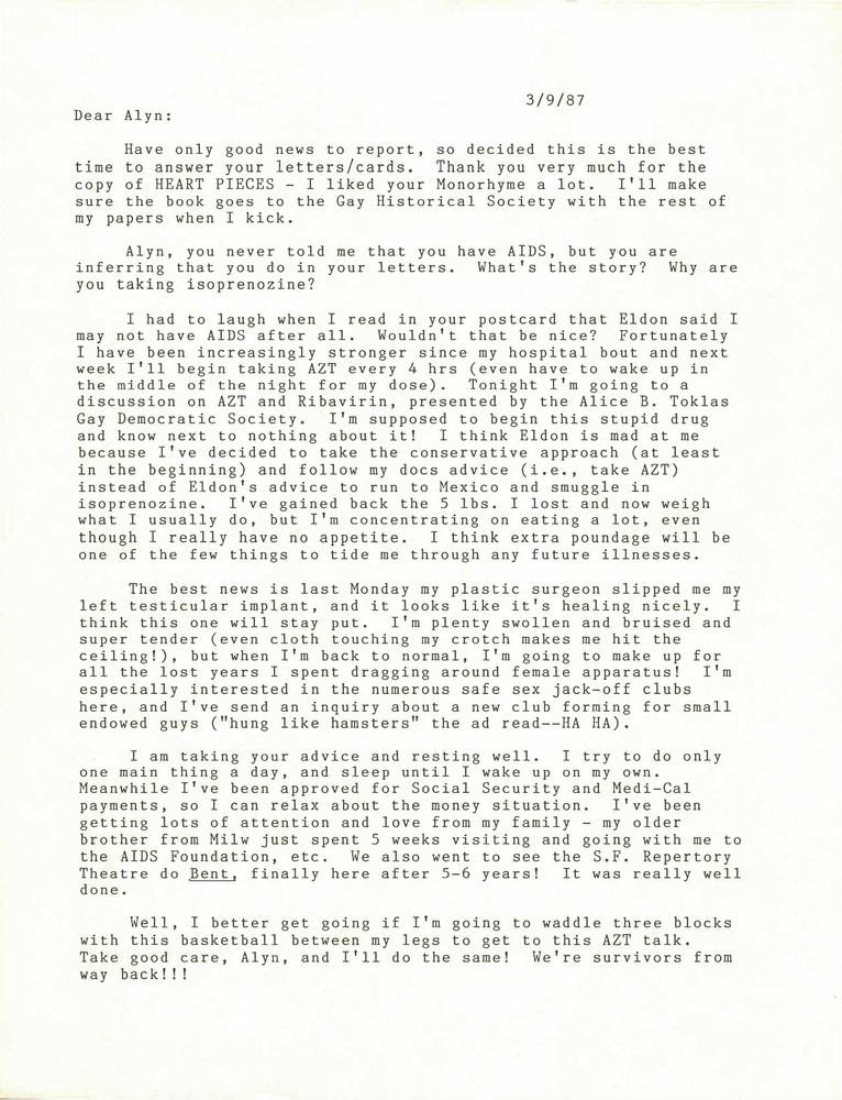 Download the full-sized PDF of Correspondence from Lou Sullivan to Alyn Hess (March 9, 1987)