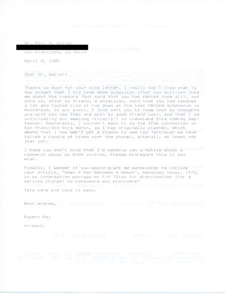 Download the full-sized image of Letter from Rupert Raj to Dr. Paul A. Walker