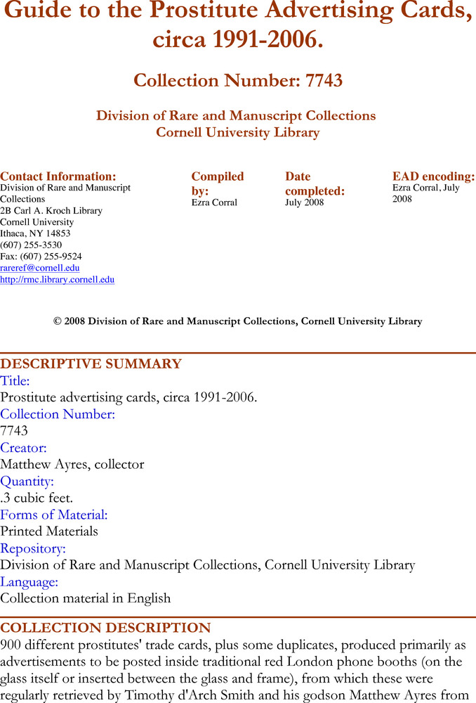 Download the full-sized PDF of Guide to the Prostitute Advertising Cards, circa 1991-2006