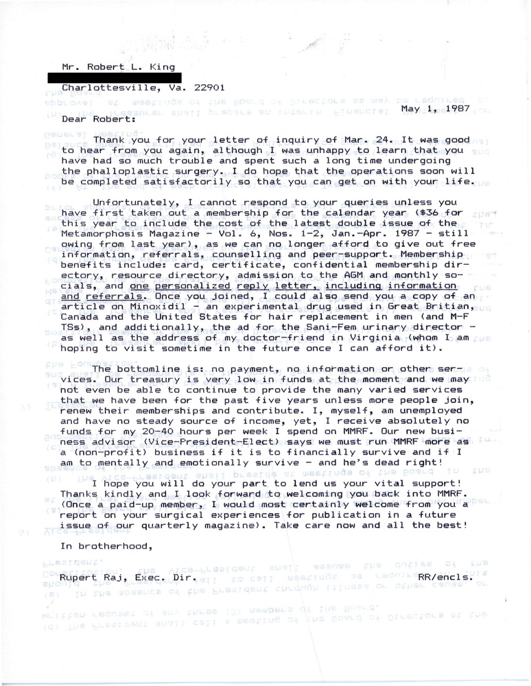 Download the full-sized PDF of Letter from Rupert Raj to Robert L. King