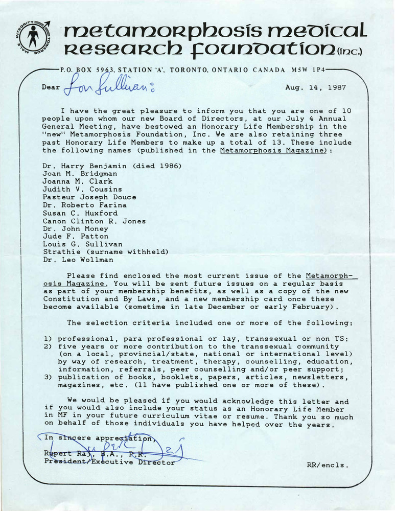 Download the full-sized PDF of Correspondence from Rupert Raj to Lou Sullivan (August 14, 1987)