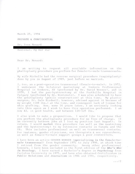 Download the full-sized image of Letter from Rupert Raj to Dr. Yves Menard