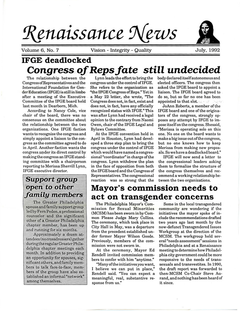 Download the full-sized PDF of Renaissance News, Vol. 6 No. 7 (July 1992)