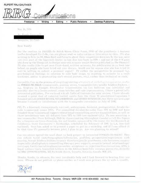 Download the full-sized image of Letter from Rupert Raj to Randy Ingersoll