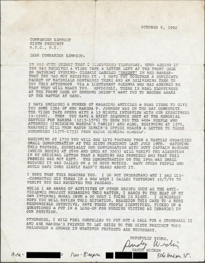 Download the full-sized PDF of A Letter Written by Randy Wicker to a Commander at the Sixth Precinct About Marsha P. Johnson's Death