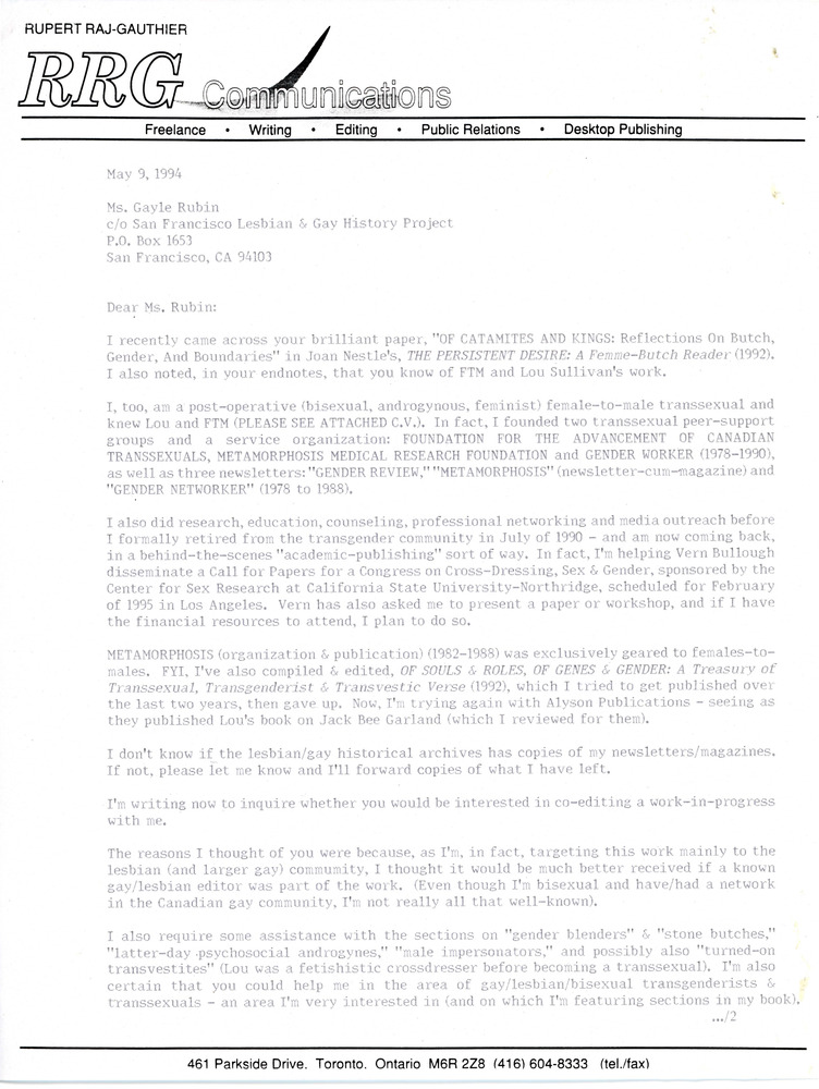 Download the full-sized PDF of Letter from Rupert Raj to Gayle Rubin