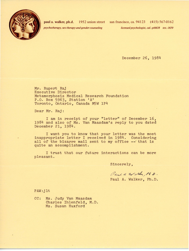 Download the full-sized PDF of Letter from Paul A. Walker to Rupert Raj (December 26, 1984)