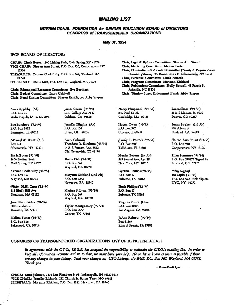 Download the full-sized PDF of International Foundation for Gender Education Board of Directors and Congress of Transgendered Organizations Mailing List (1994)