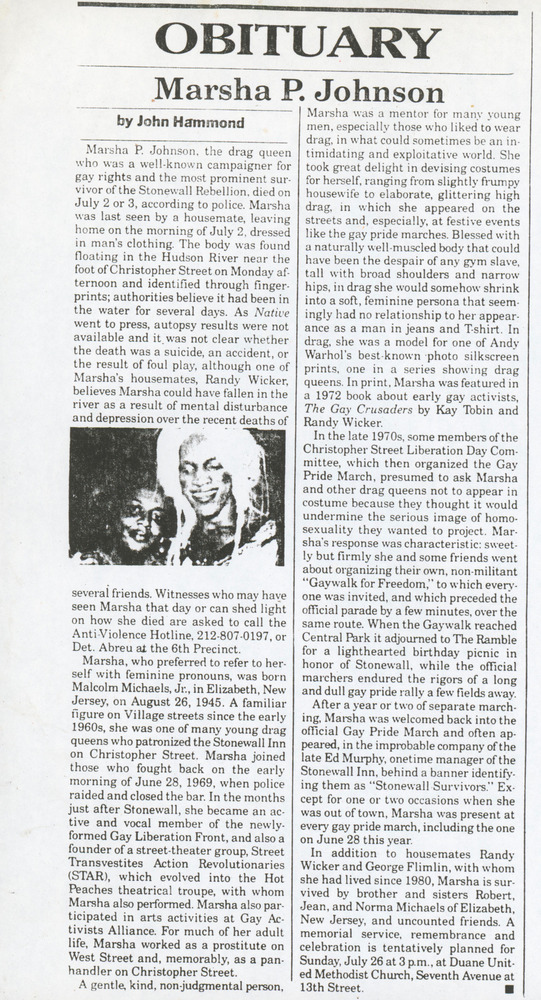 Download the full-sized PDF of Marsha P. Johnson Obituary