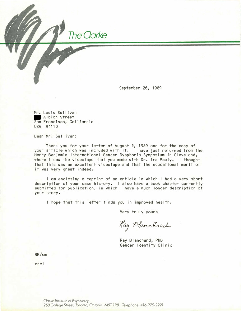 Download the full-sized PDF of Correspondence from Ray Blanchard to Lou Sullivan (September 26, 1989)