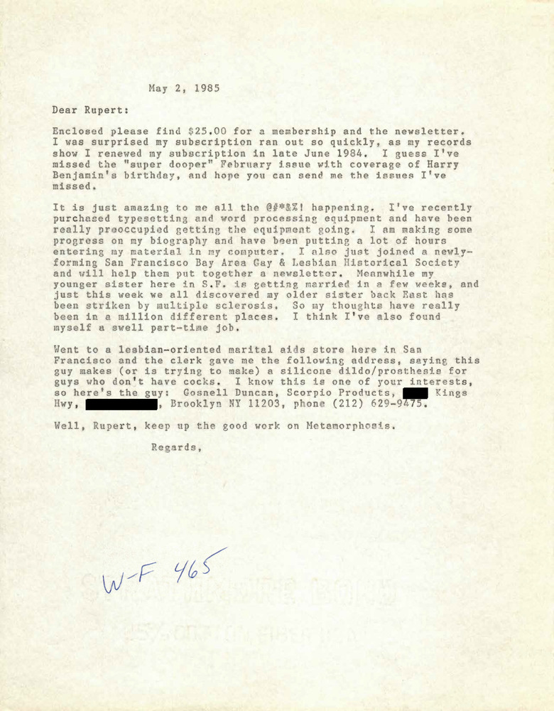 Download the full-sized PDF of Correspondence from Lou Sullivan to Rupert Raj (May 2, 1985)