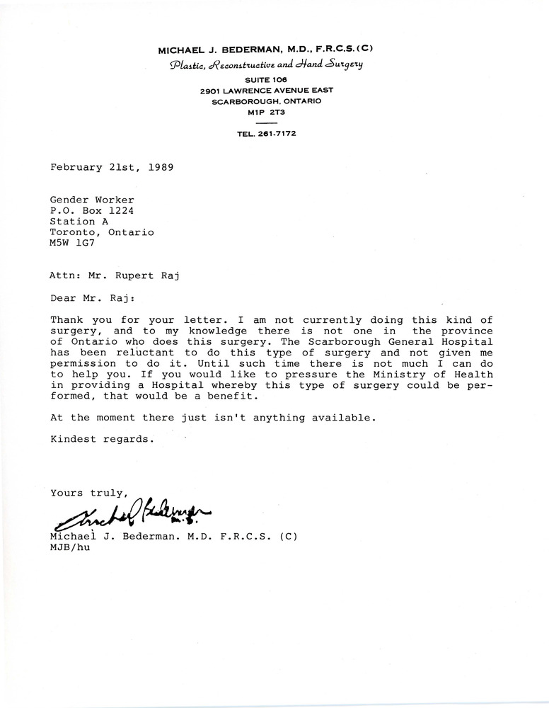 Download the full-sized PDF of Letter to Rupert Raj from Dr. Michael J. Bederman