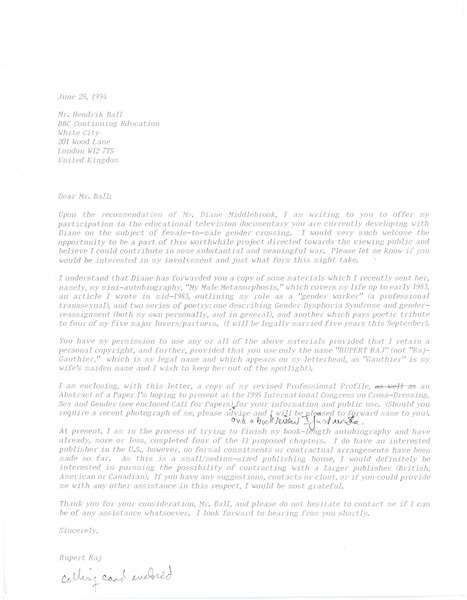 Download the full-sized image of Letter from Rupert Raj to Hendrick Ball of BBC Continuing Education