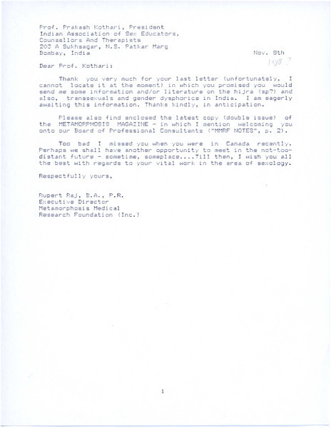 Download the full-sized image of Letter from Rupert Raj to Prof. Prakash Kothari