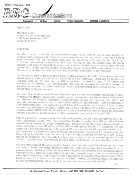 Download the full-sized image of Letter from Rupert Raj to Rhon Reed