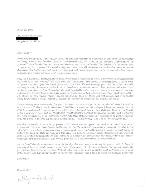 Download the full-sized image of Letter from Rupert Raj to Sandy Bernstein