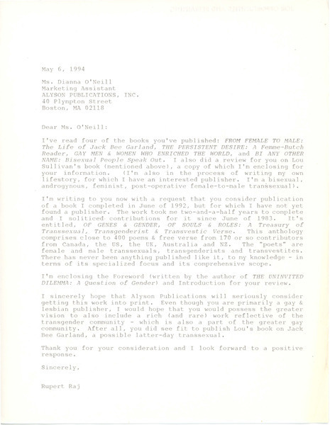 Download the full-sized image of Letter from Rupert Raj to Ms. Dianna O'Neill