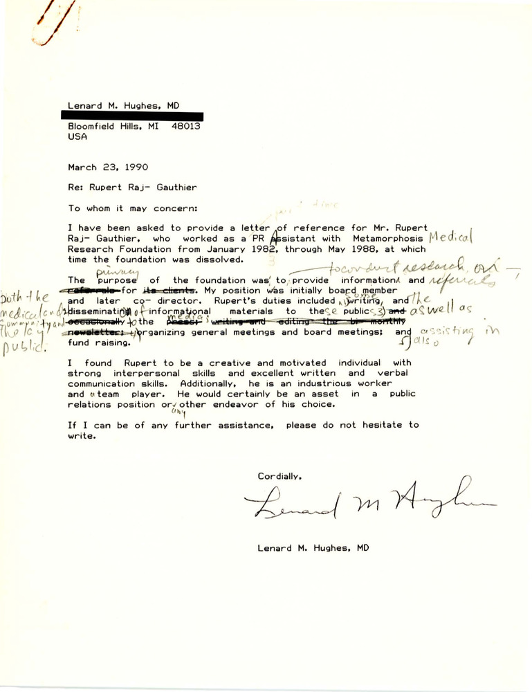 Download the full-sized PDF of Letter of Recommendation for Rupert Raj from Lenard M. Hughes