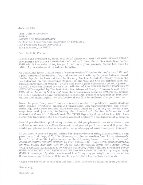 Download the full-sized image of Letter from Rupert Raj to Prof. John P. De Cecco