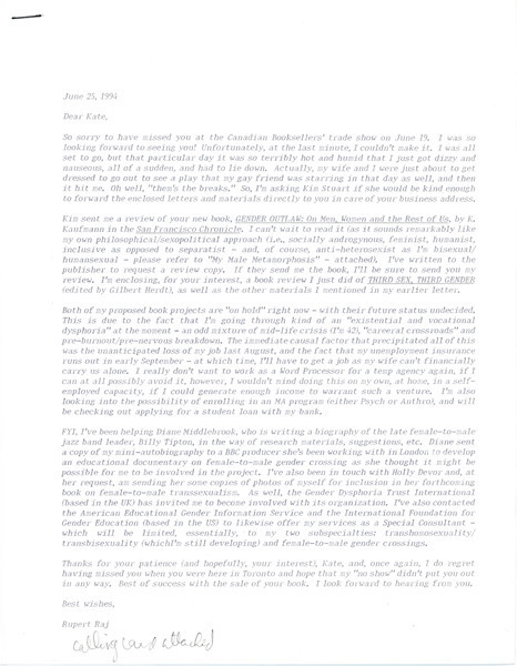 Download the full-sized image of Letters from Rupert Raj to Kate Bornstein