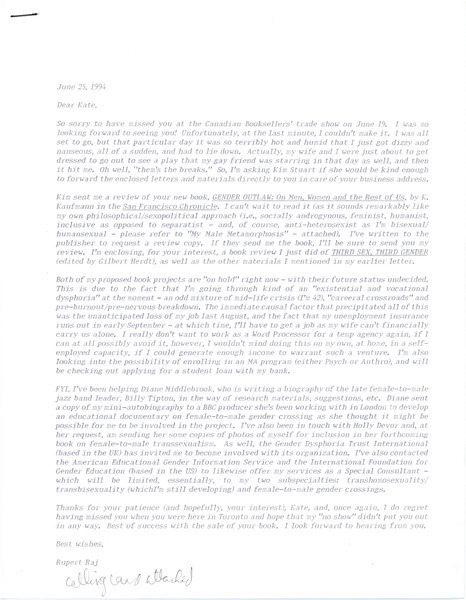 Download the full-sized image of Letters from Rupert Raj to Kate Bornstein