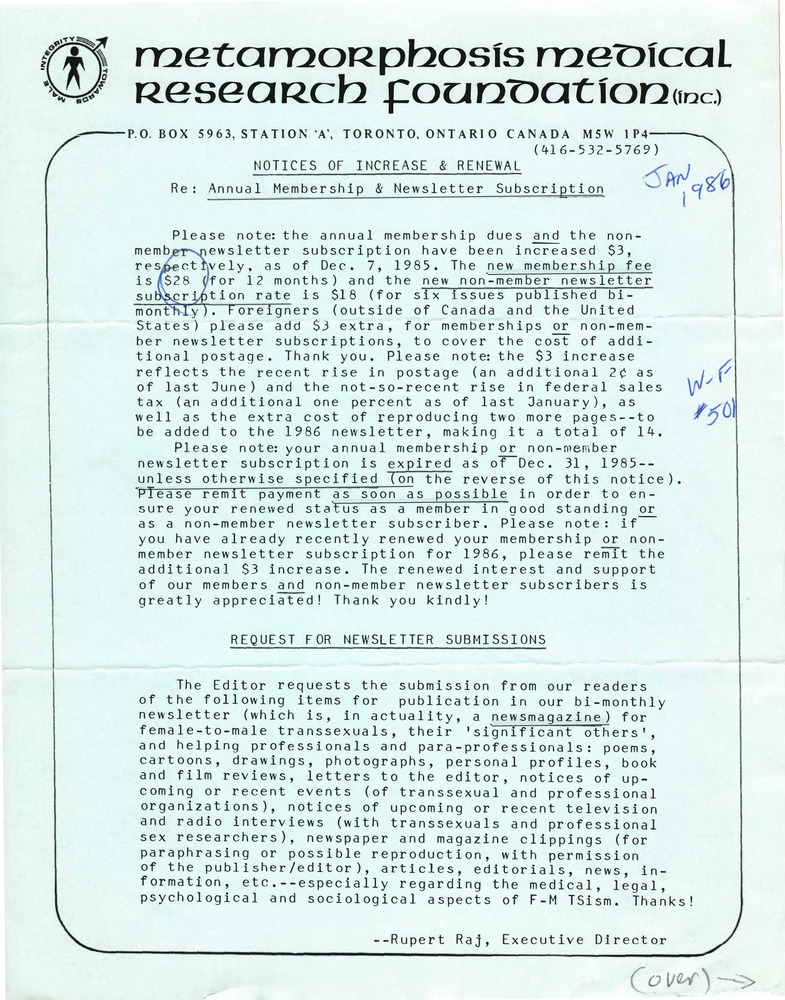 Download the full-sized PDF of Correspondence from Rupert Raj to Lou Sullivan (January 1986)