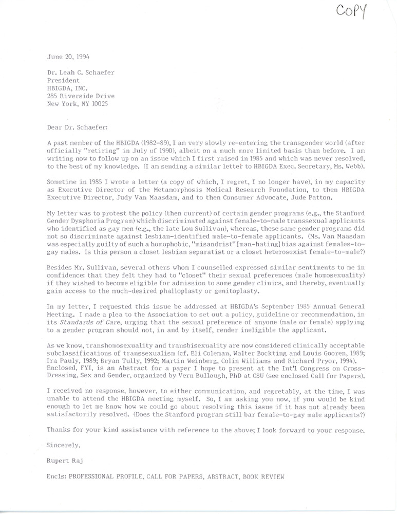 Download the full-sized PDF of Letter from Rupert Raj to Dr. Leah C. Schaefer