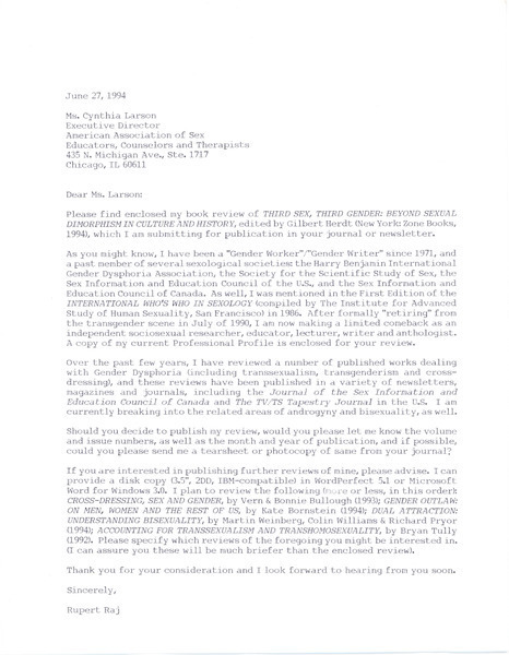 Download the full-sized image of Letter from Rupert Raj to Cynthia Larson