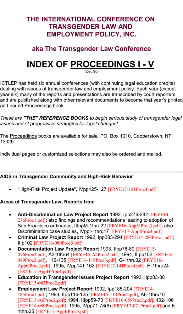 Download the full-sized PDF of The International Conference on Transgender Law and Employment Policy, Inc.: Index of Proceedings I-V