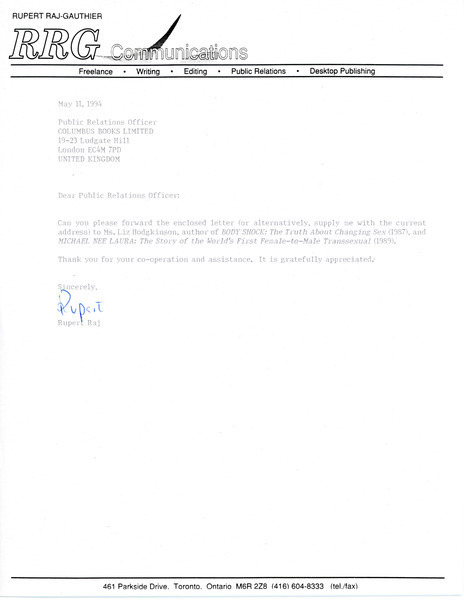 Download the full-sized image of Letter from Rupert Raj to Public Relations Officer