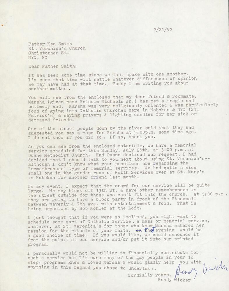 Download the full-sized image of Correspondence from Randy Wicker to Father Ken Smith, July 1992