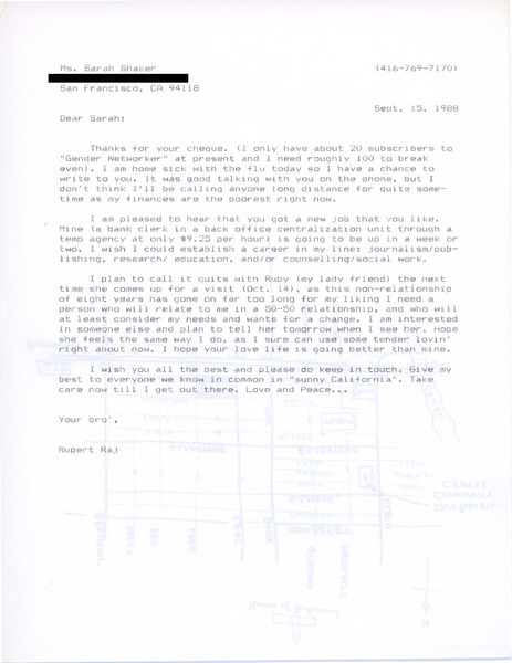 Download the full-sized image of Letter from Rupert Raj to Sarah Shaker