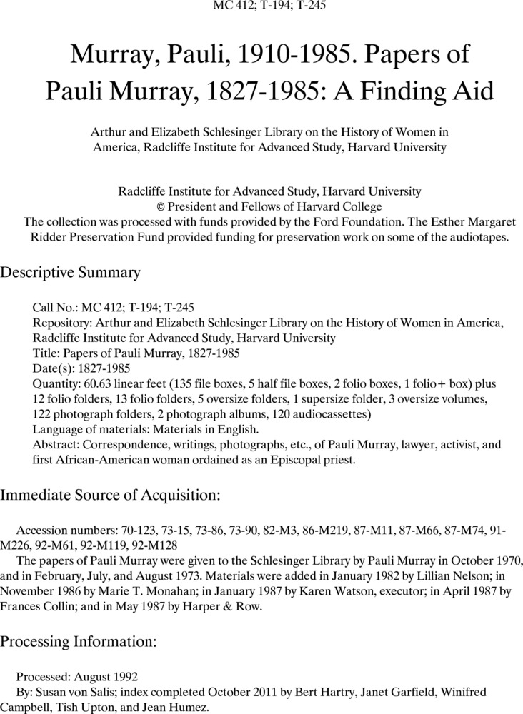 Download the full-sized PDF of Papers of Pauli Murray, 1827-1985: A Finding Aid