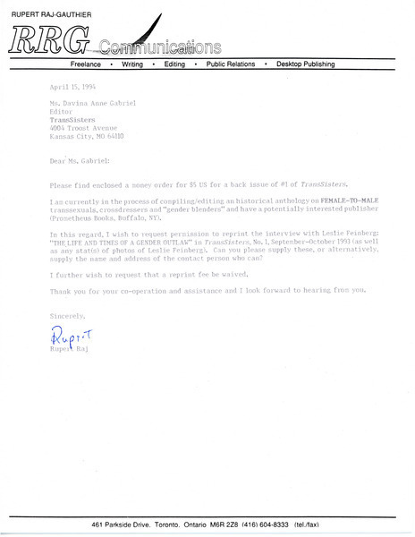 Download the full-sized image of Letter from Rupert Raj to Ms. Davina Anne Gabriel