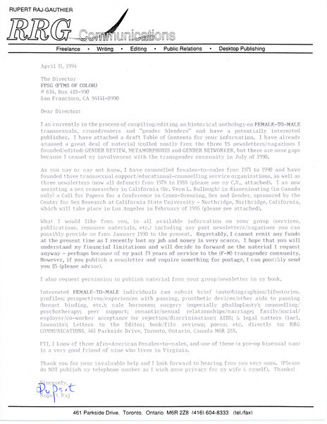 Download the full-sized image of Letter from Rupert Raj to the Director of FPSG (FtMs of Color)