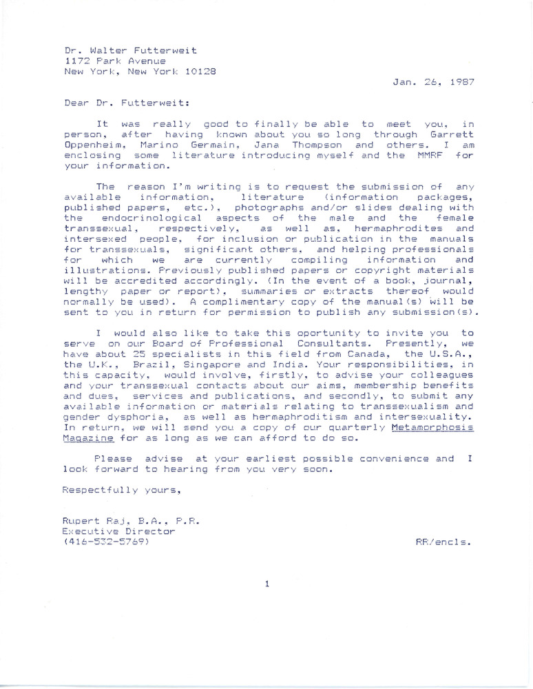 Download the full-sized PDF of Letter from Rupert Raj to Dr. Walter Futterweit