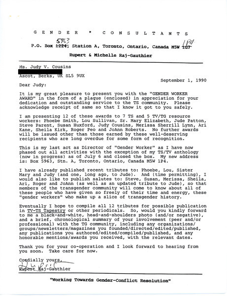 Download the full-sized image of Letter from Rupert Raj to Judy V. Cousins