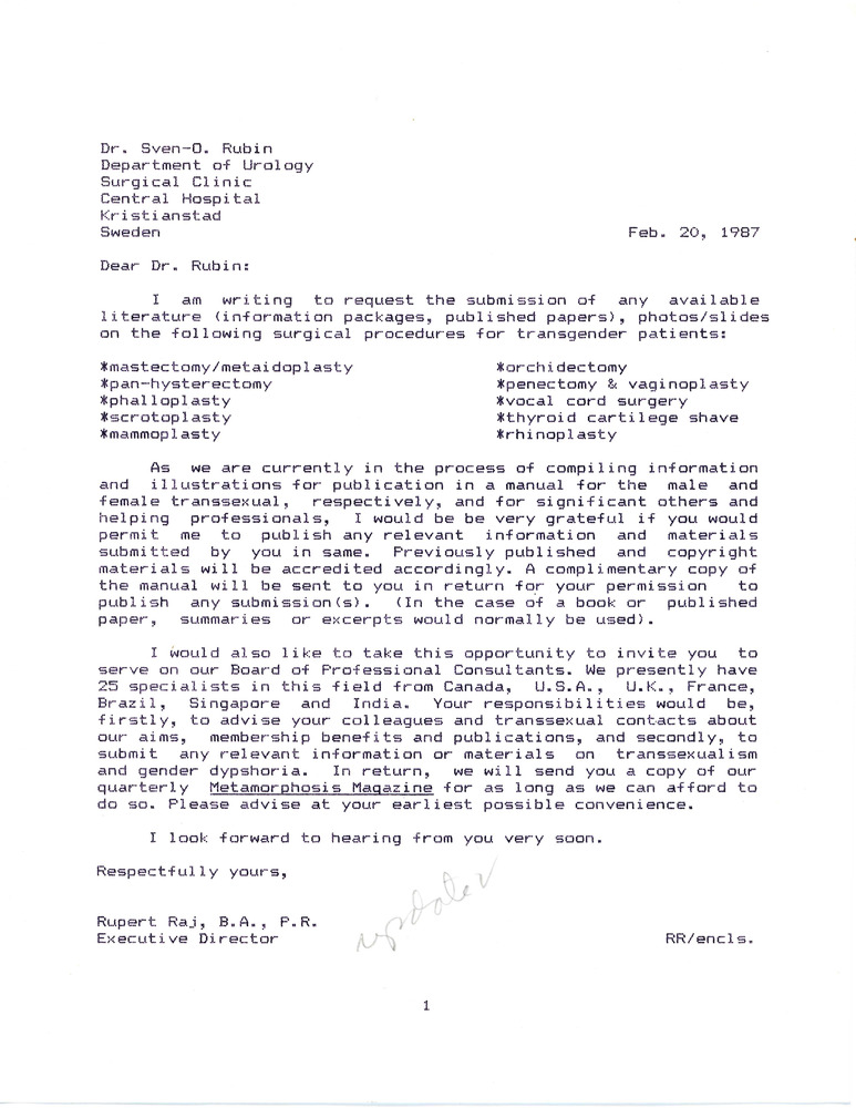 Download the full-sized PDF of Letter from Rupert Raj to Dr. Sven-O. Rubin