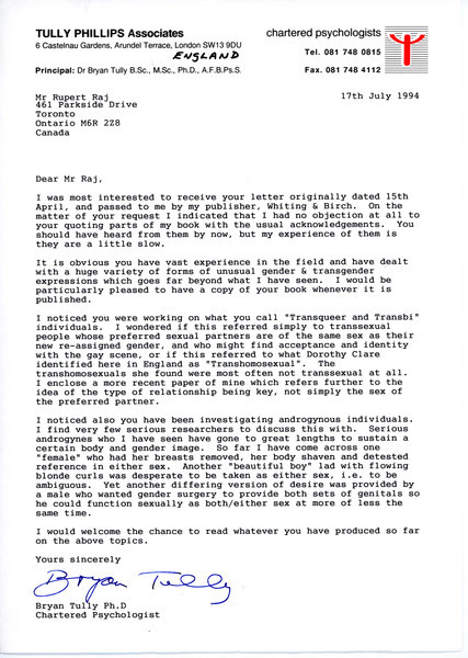 Download the full-sized image of Letter from Dr. Bryan Tully to Rupert Raj