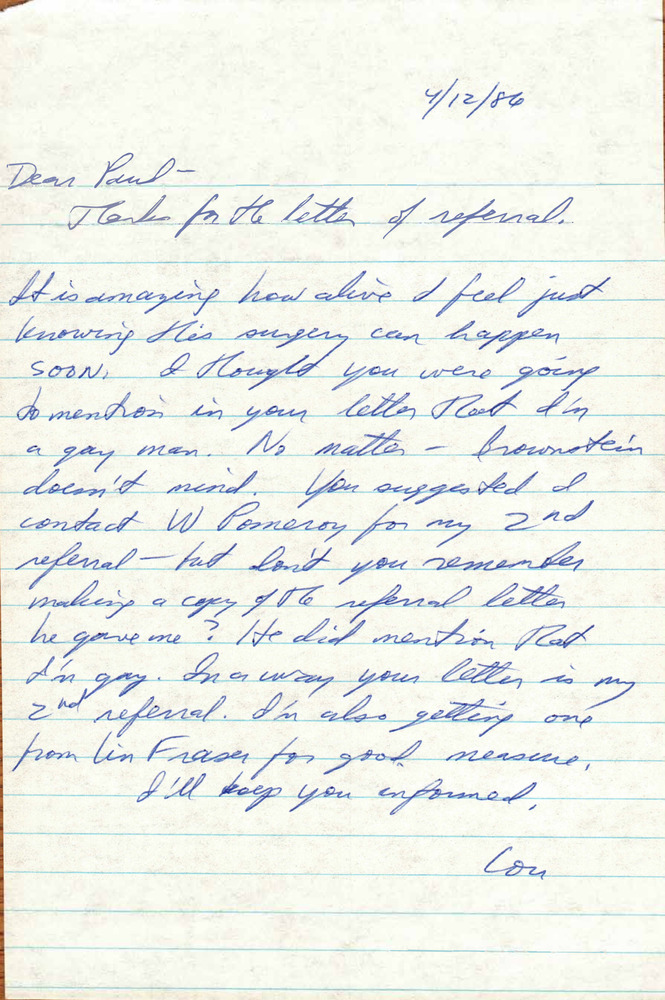 Download the full-sized PDF of Correspondence from Lou Sullivan to Paul Walker (April 12, 1986)