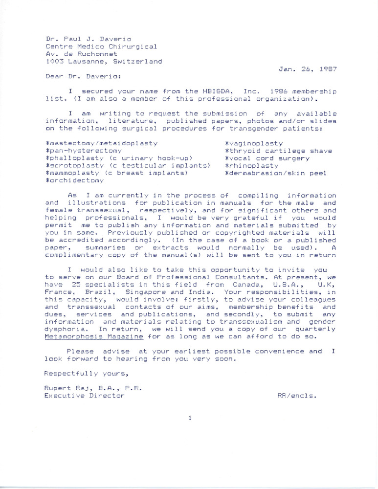 Download the full-sized PDF of Letter from Rupert Raj to Dr. Paul J. Daverio