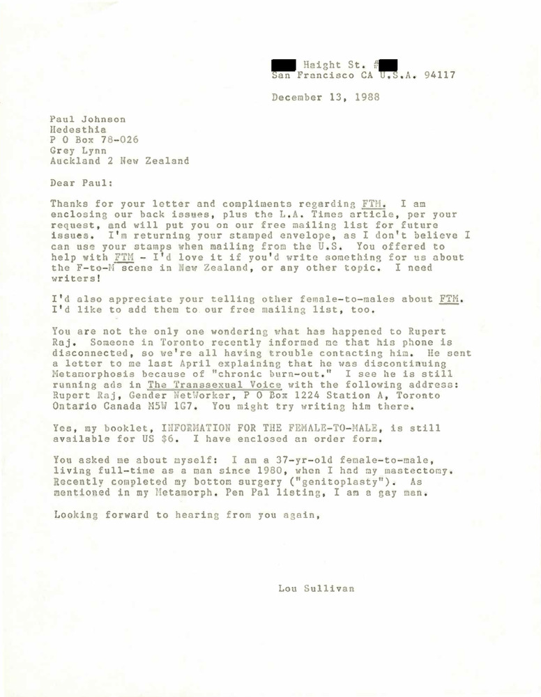Download the full-sized PDF of Correspondence from Lou Sullivan to Paul Johnson (December 13, 1988)