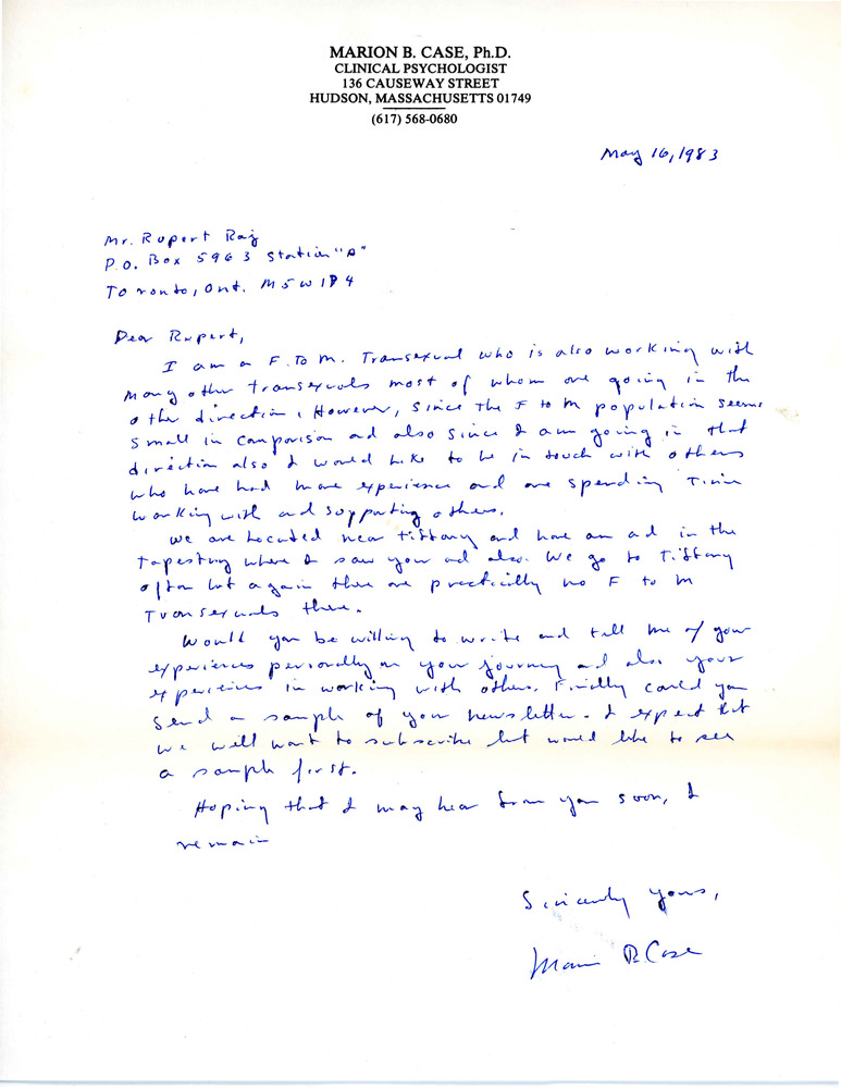 Download the full-sized PDF of Letter from Dr. Marion B. Case to Rupert Raj