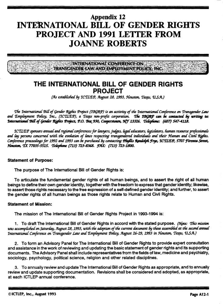 Download the full-sized PDF of Appendix 12: International Bill of Gender Rights Project and 1991 Letter from JoAnn Roberts