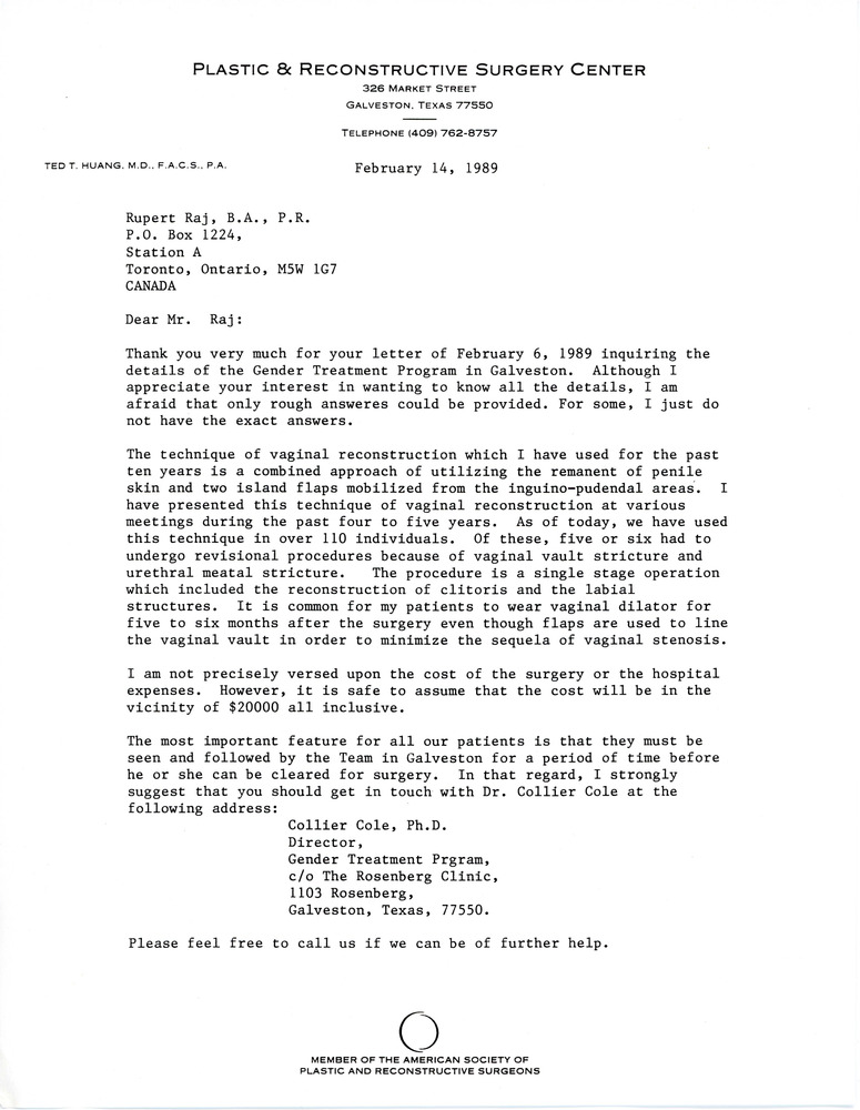 Download the full-sized PDF of Letter to Rupert Raj from Dr. Ted T. Huang