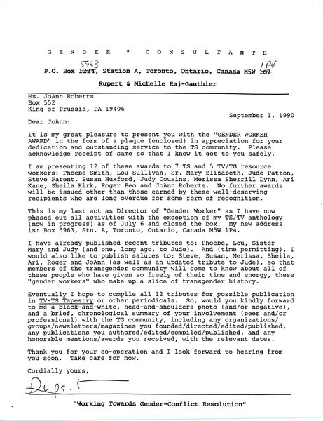 Download the full-sized image of Letter from Rupert Raj to JoAnn Roberts (September 1, 1990)